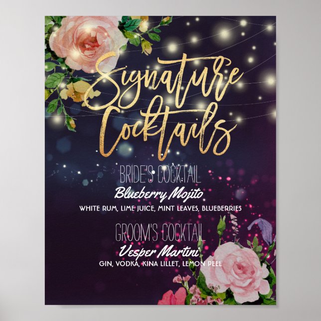 Wedding Signature Drink Menu Floral String Lights Poster (Front)