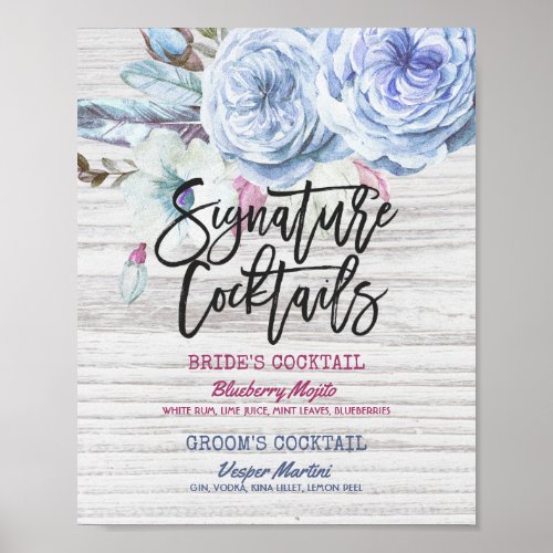 Wedding Signature Drink Menu Flowers Rustic Wood Poster