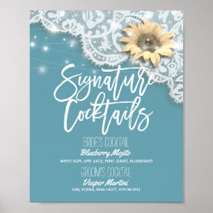 Wedding Signature Drink Menu Lace Sunflower Lights Poster