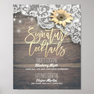 Wedding Signature Drink Menu Lace Sunflower Wood Poster