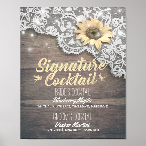 Wedding Signature Drink Menu Lace Sunflower Wood Poster