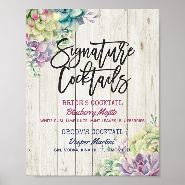 Wedding Signature Drink Menu Succulent Rustic Wood Poster (Front)