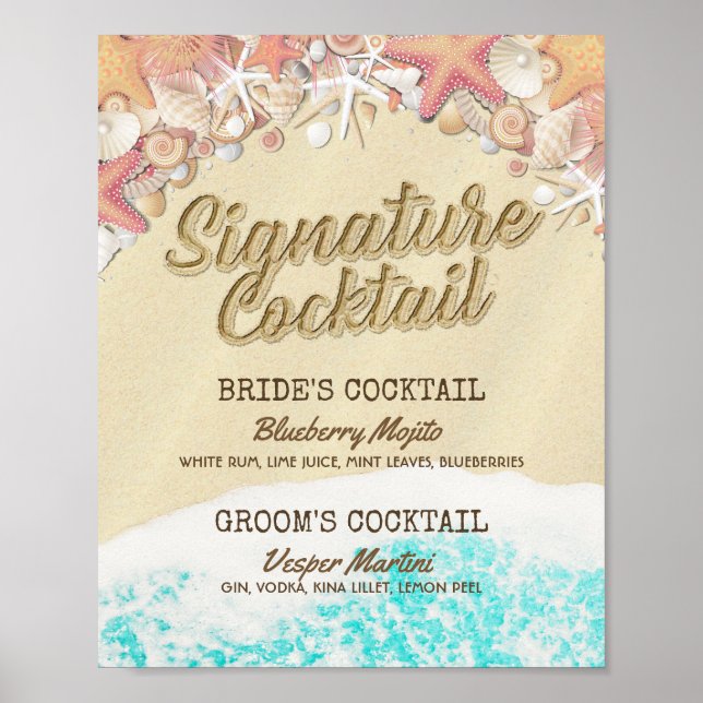 Wedding Signature Drink Menu Summer Beach Starfish Poster (Front)