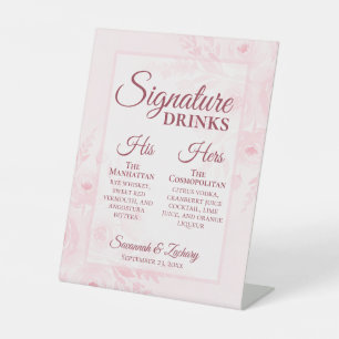 Wedding Signature Drinks Blush Pink Boho Peonies Pedestal Sign
