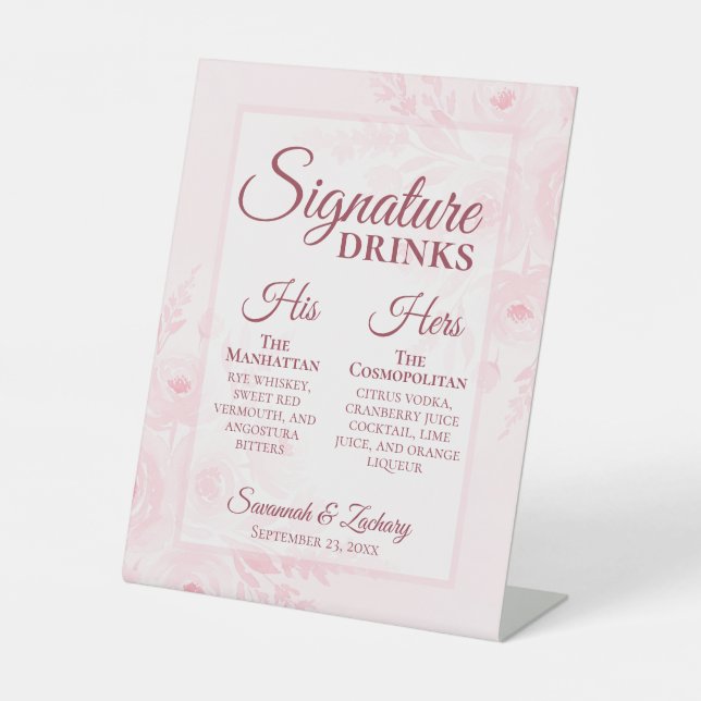 Wedding Signature Drinks Blush Pink Boho Peonies Pedestal Sign (Front)