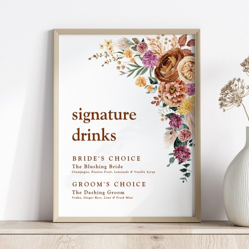 Wedding Signature Drinks Rustic Boho Floral Poster