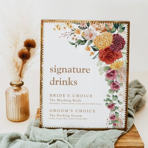 Wedding Signature Drinks Rustic Boho Flowers Poster