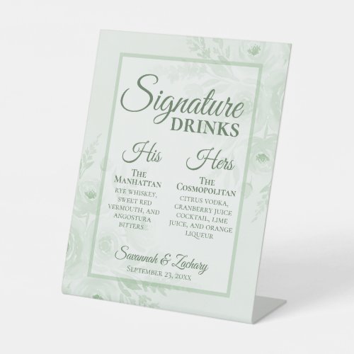 Wedding Signature Drinks Sage Green Boho Peonies Pedestal Sign