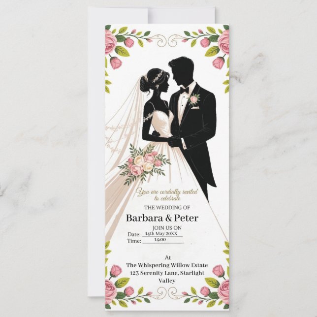 Wedding Silhouette Invitation with Floral Accents (Front)