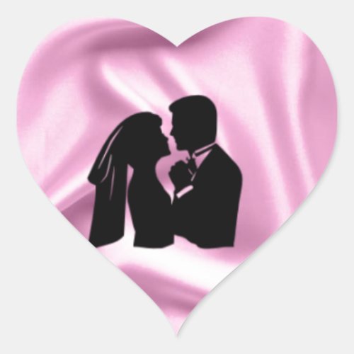 Wedding Silhouette on Pink Silk Heart Sticker