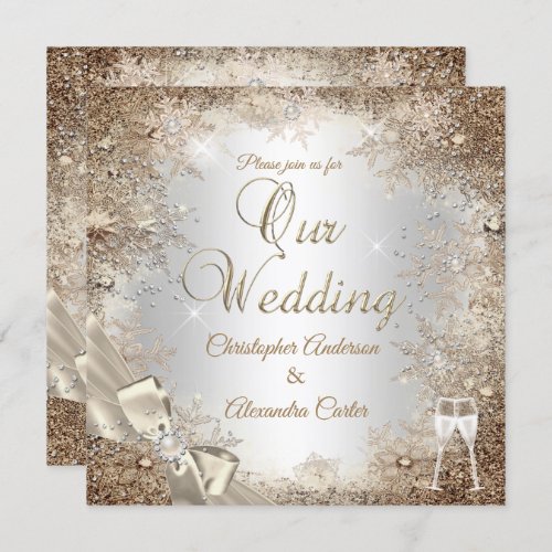 Wedding Silver Beige Cream Pearl Bow Snowflake 2 Invitation