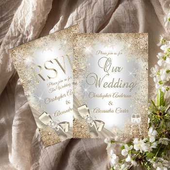 Wedding Silver Beige Cream Pearl Bow Snowflake Invitation by Champagne_N_Cupcakes at Zazzle