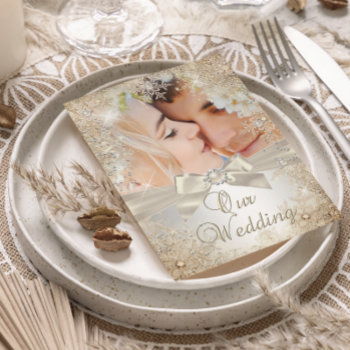 Wedding Silver Beige Cream Pearl Snowflake Photo Invitation by Champagne_N_Cupcakes at Zazzle