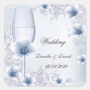 Wedding Silver Blue Floral Blossoms Roses Square Sticker
