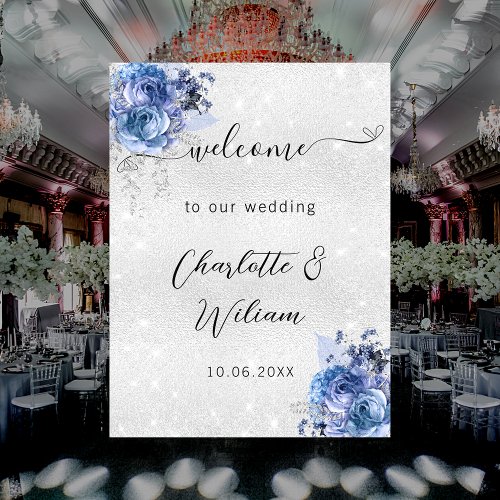 Wedding silver blue florals welcome poster