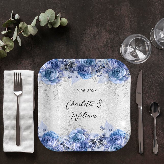 Wedding silver blue flowers paper plates (Creator Uploaded)