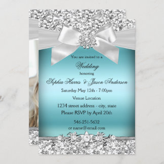 Wedding Silver Blue Glitter Jewel Bow Invitation