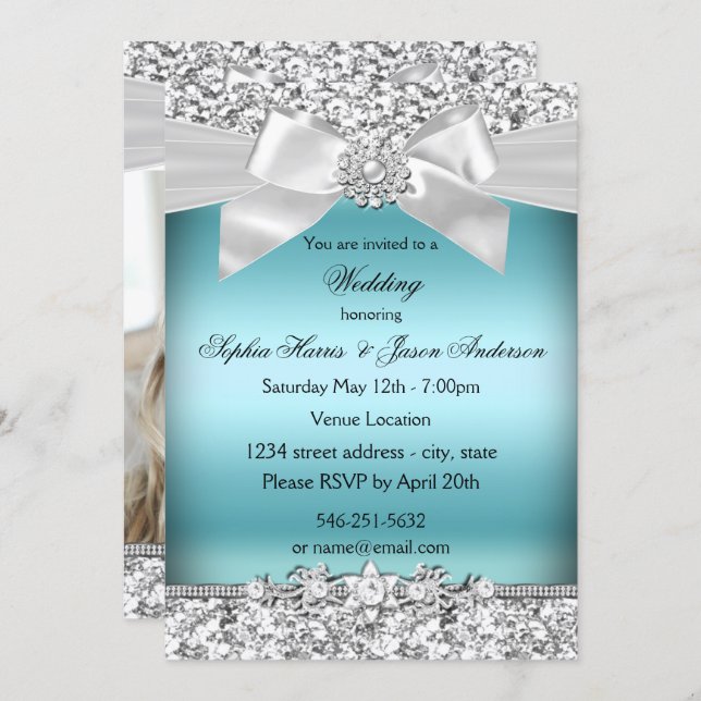 Wedding Silver Blue Glitter Jewel Bow  Invitation (Front/Back)