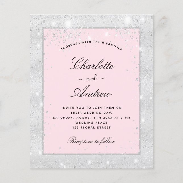 Wedding silver blush glitter budget invitation flyer (Front)