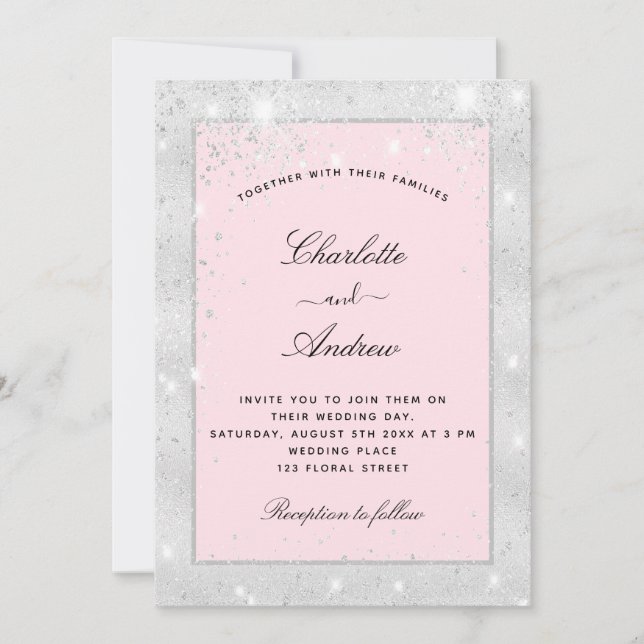 Wedding silver blush glitter dust elegant invitation (Front)