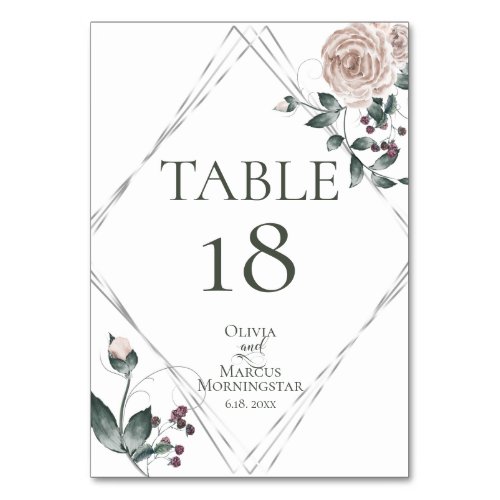 WEDDING Silver Dusty Rose Blush Watercolor Floral Table Number