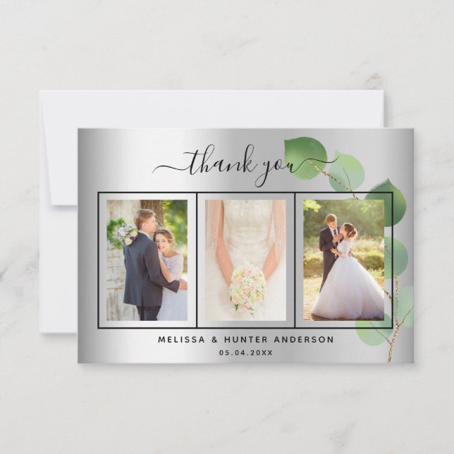 Wedding silver eucalyptus photo script elegant thank you card (Front)