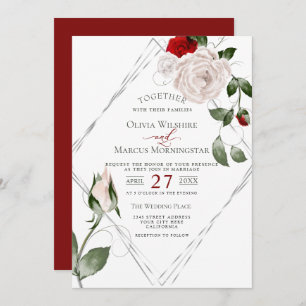 Wedding Silver Frame Pale Blush Watercolor Roses Invitation