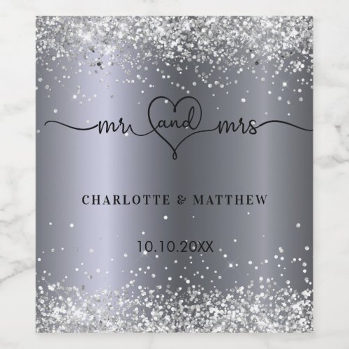 Wedding silver glitter bride groom mr mrs heart  wine label