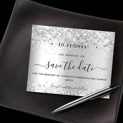 Wedding silver glitter budget save date flyer