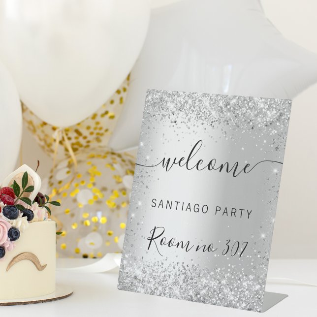 Wedding silver glitter name script welcome pedestal sign (Creator Uploaded)