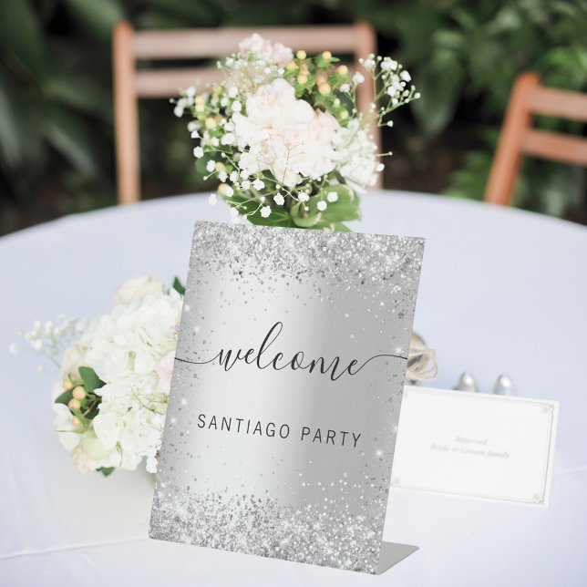Wedding silver glitter name script welcome pedestal sign (Creator Uploaded)