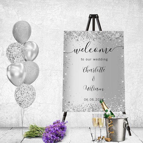 Wedding silver glitter names script welcome foam board