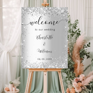 Wedding silver glitter names script welcome foam board