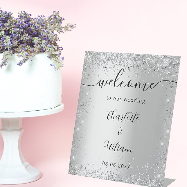 Wedding silver glitter names script welcome pedestal sign (Creator Uploaded)