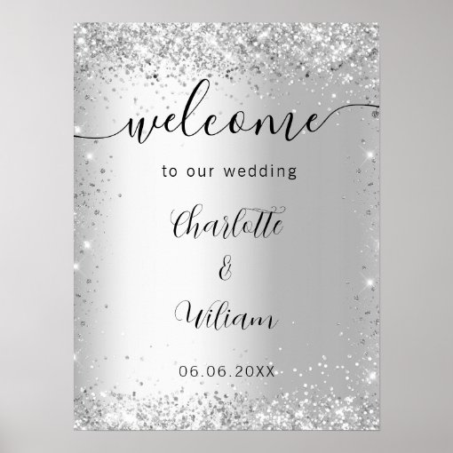 Wedding silver glitter names script welcome poster | Zazzle