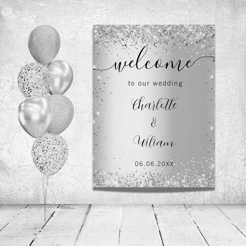 Wedding silver glitter names script welcome poster