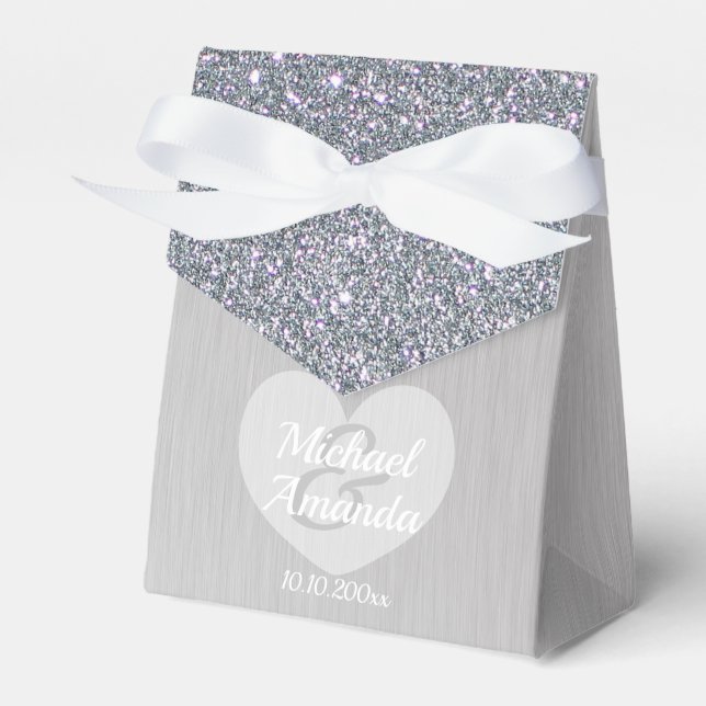 Wedding Silver Glitter Personalized Favor Boxes (Front Side)