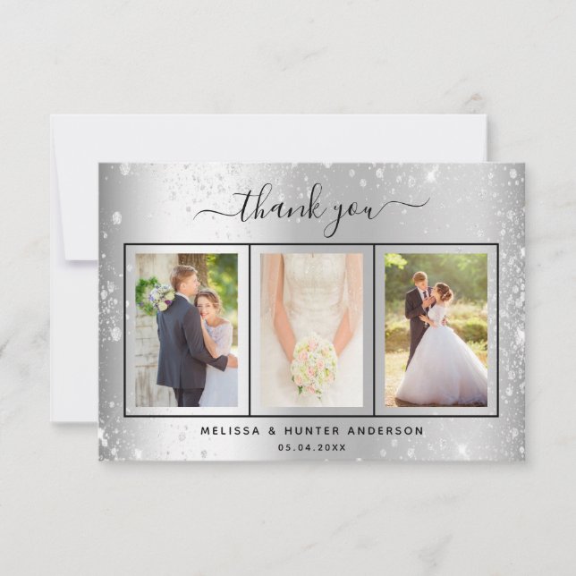 Wedding silver glitter sparkles photo script thank you card (Front)