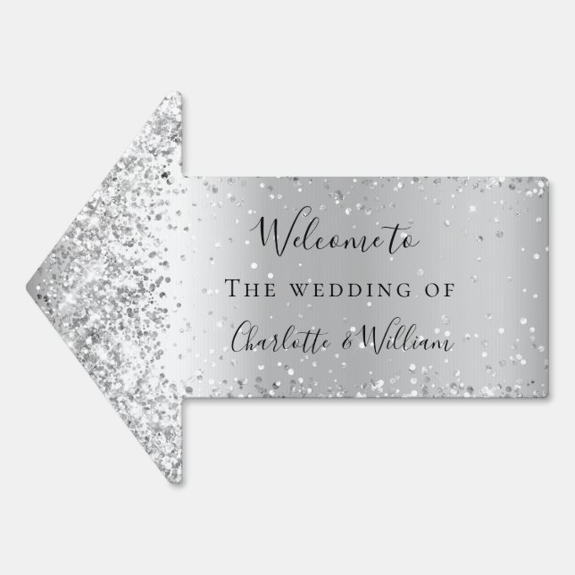 Wedding silver glitter sparkles welcome arrow  sign (Front)
