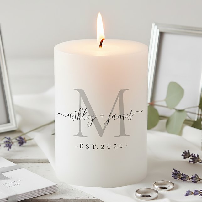 Wedding Silver Gray Monogram Names Year Est  Pillar Candle (Creator Uploaded)