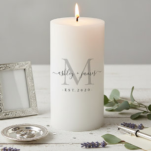 Wedding Silver Gray Monogram Names Year Est  Pillar Candle