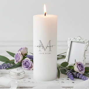 Wedding Silver Gray Monogram Names Year Est  Pillar Candle