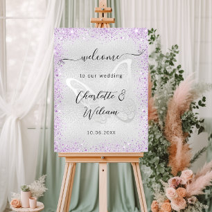 Wedding silver lavender butterfly welcome foam board