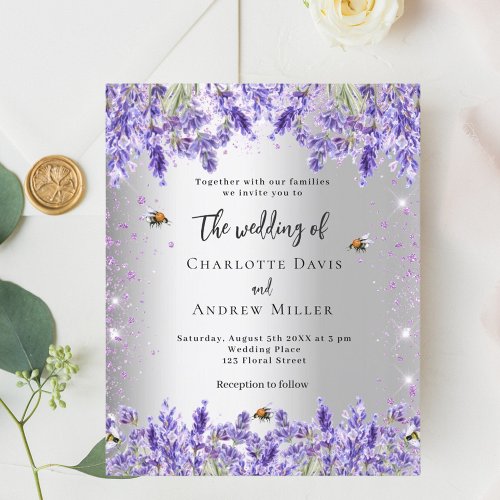 Wedding silver lavender florals bees invitation