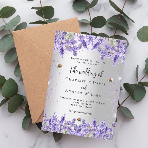 Wedding silver lavender florals bees premium invitation