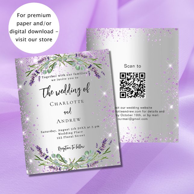 Wedding silver lavender QR RSVP budget invitation (Creator Uploaded)