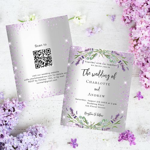 Wedding silver lavender QR RSVP budget invitation Flyer