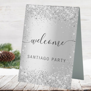 Wedding silver name script welcome table tent
