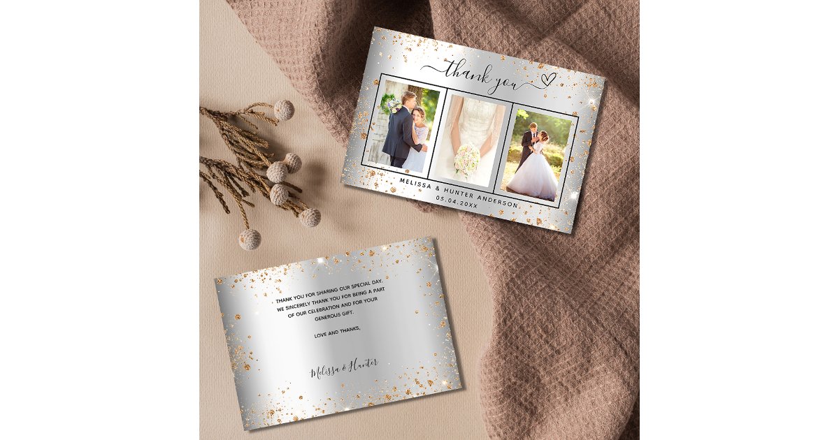 Wedding silver photo gold heart script elegant thank you card | Zazzle