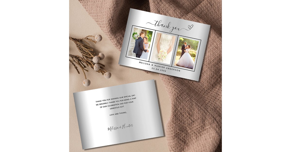Wedding silver photo heart simple script elegant thank you card | Zazzle